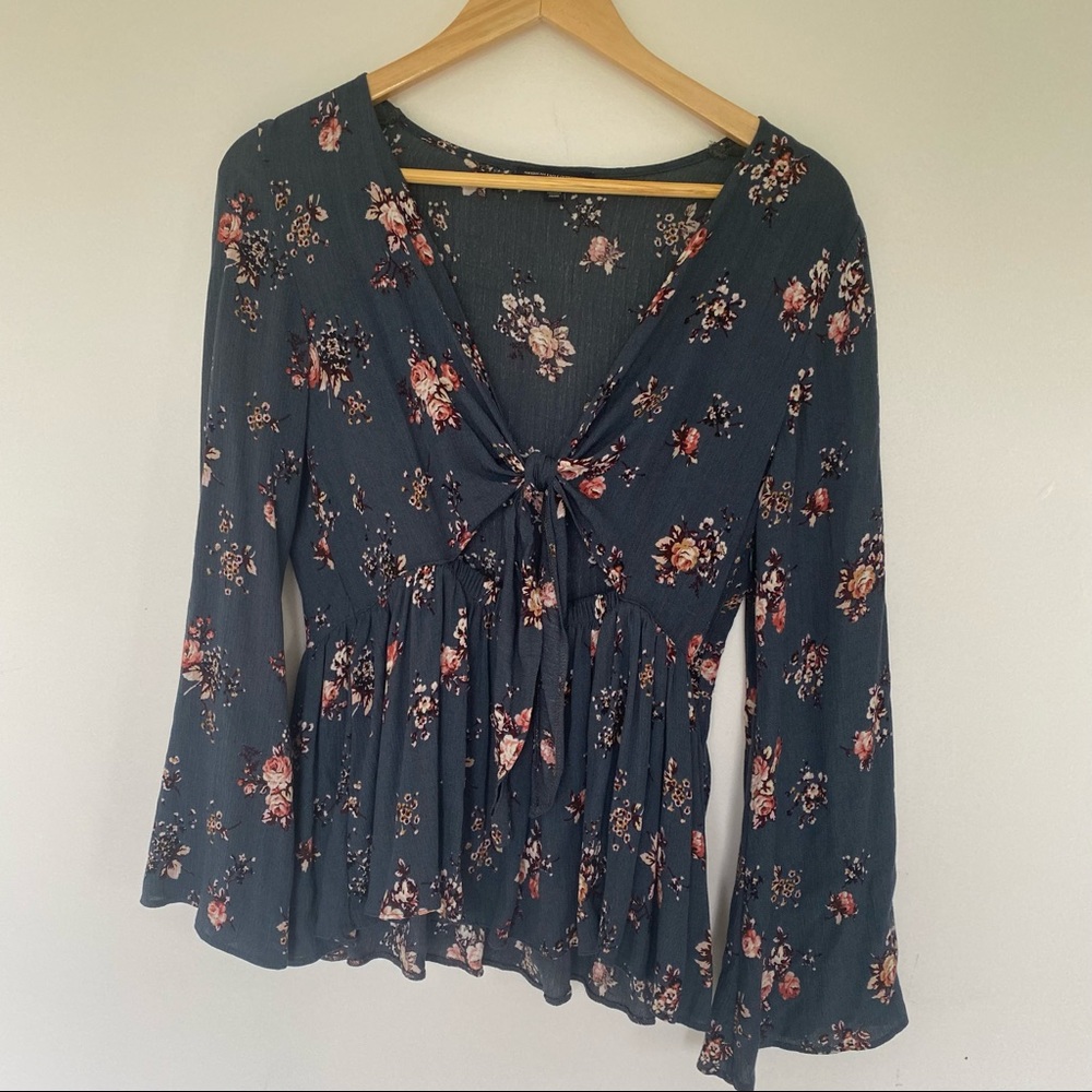 American Eagle Outfitters Soft Blue Floral Long Sleeve Blouse